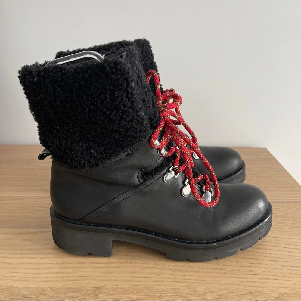 Aquatalia Jamie Black leather combat lace up boot shearling trim moto 11